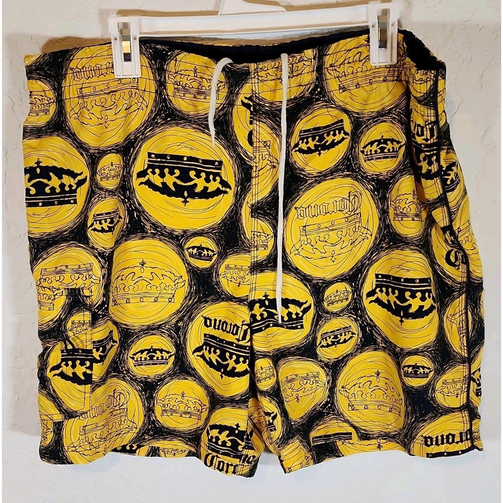 Corona Extra Men's Swim Trunks Drawstring Elastic Waist XL Yellow/Black Graphic
